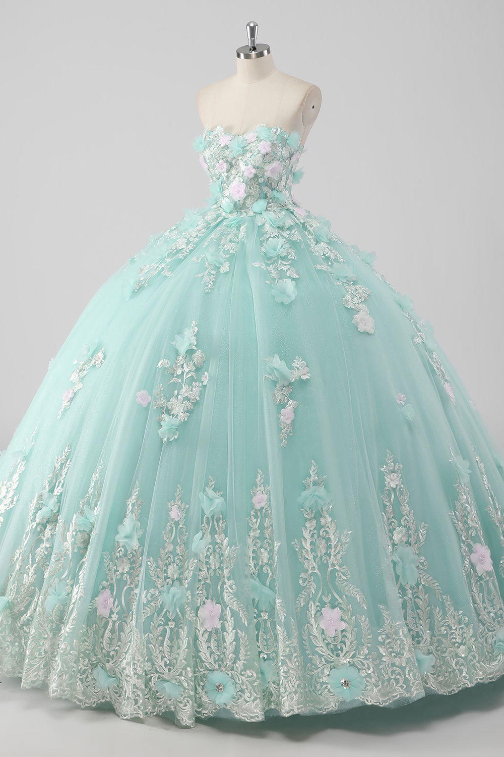 Glitter Mint Tulle Sweetheart Ball Gown Quinceanera Dress with Flowers