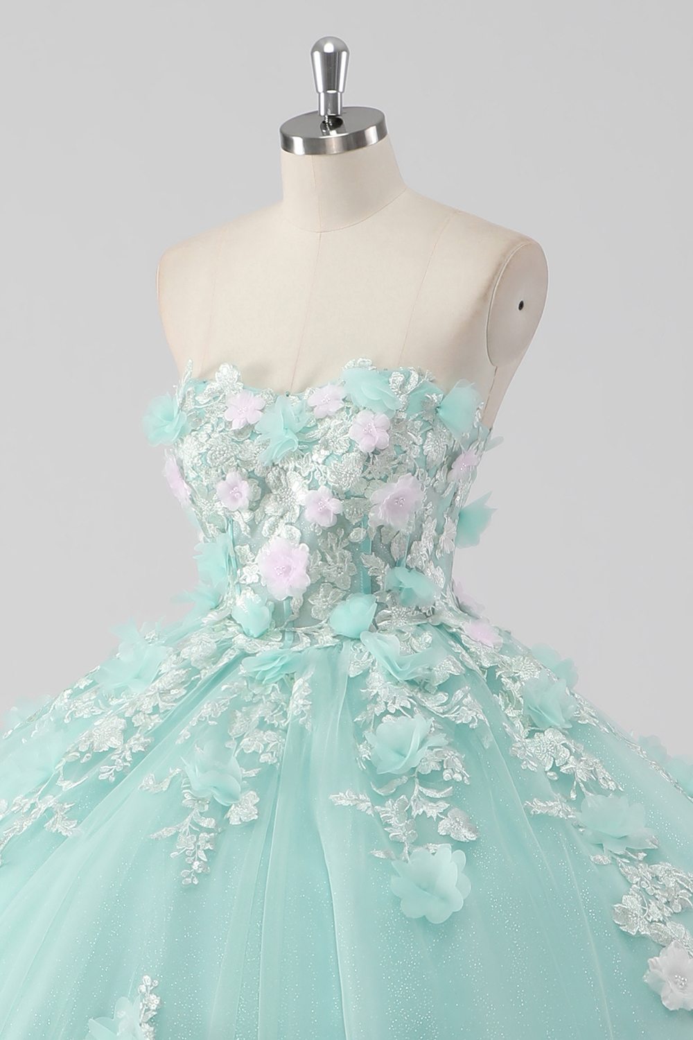 Glitter Mint Tulle Sweetheart Ball Gown Quinceanera Dress with Flowers