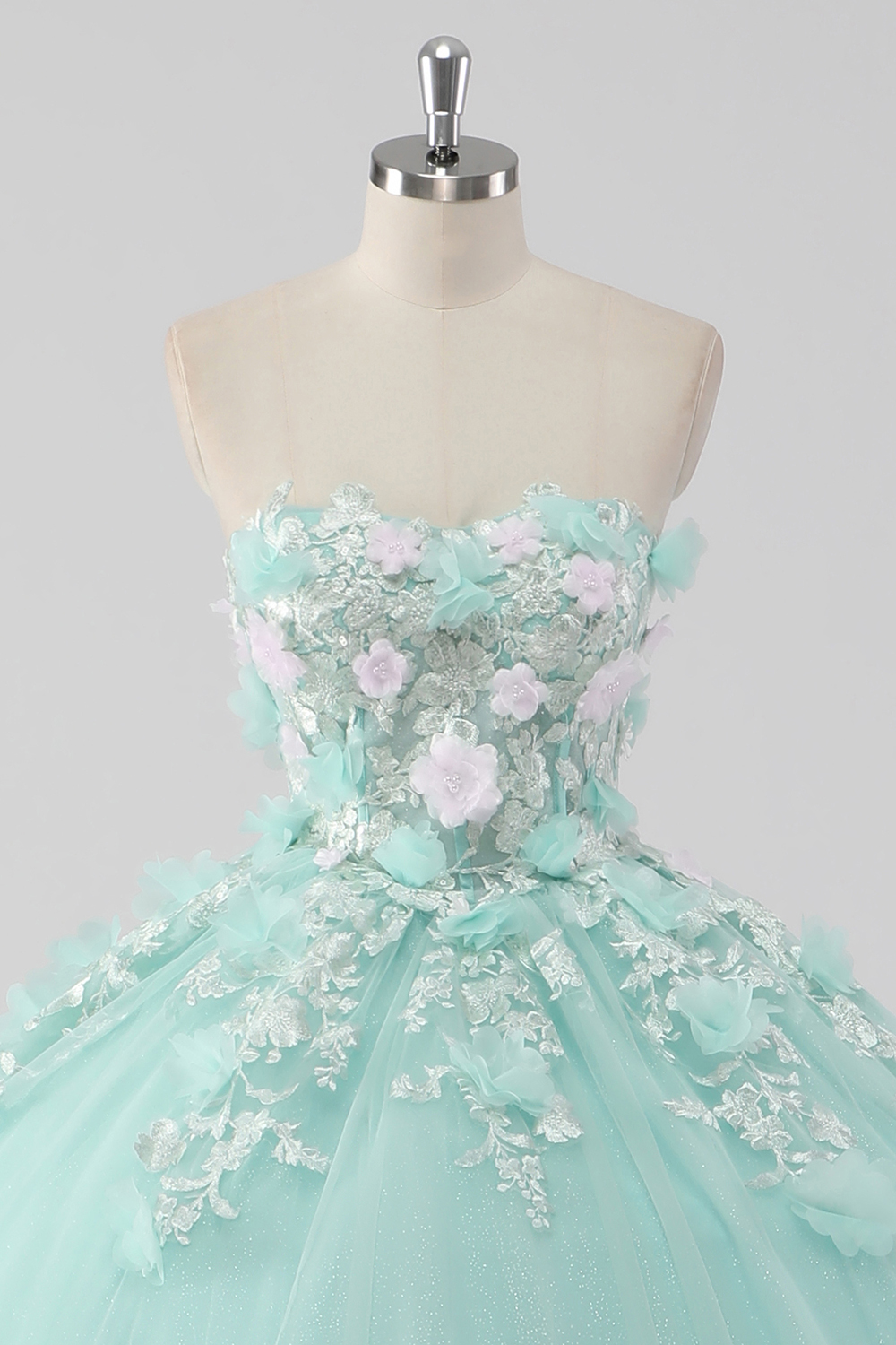 Glitter Mint Tulle Sweetheart Ball Gown Quinceanera Dress with Flowers