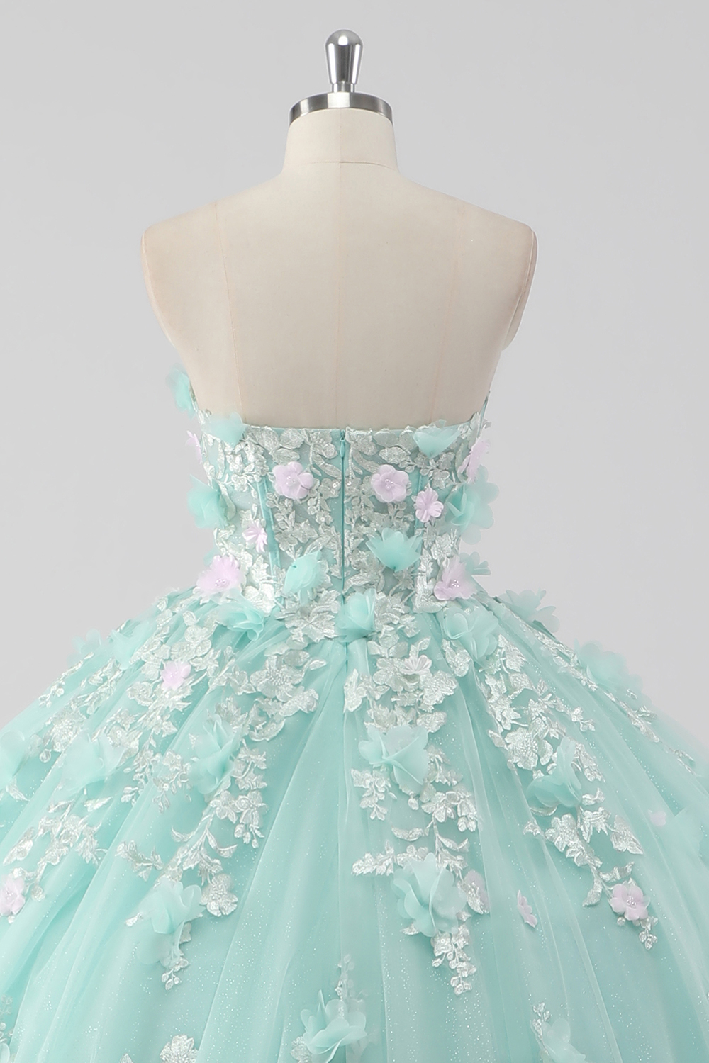 Glitter Mint Tulle Sweetheart Ball Gown Quinceanera Dress with Flowers