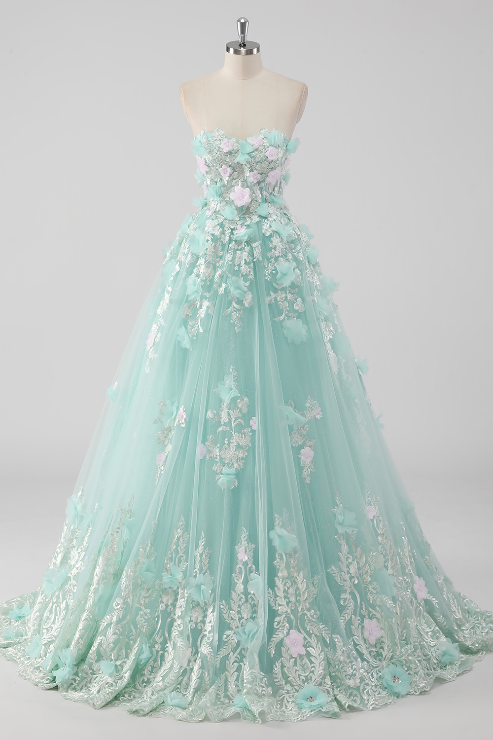 Glitter Mint Tulle Sweetheart Ball Gown Quinceanera Dress with Flowers