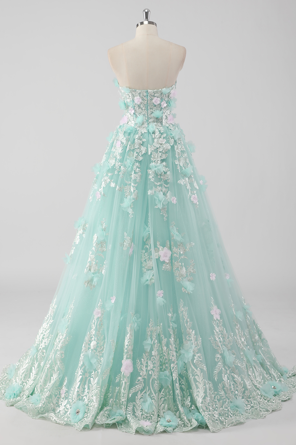 Glitter Mint Tulle Sweetheart Ball Gown Quinceanera Dress with Flowers