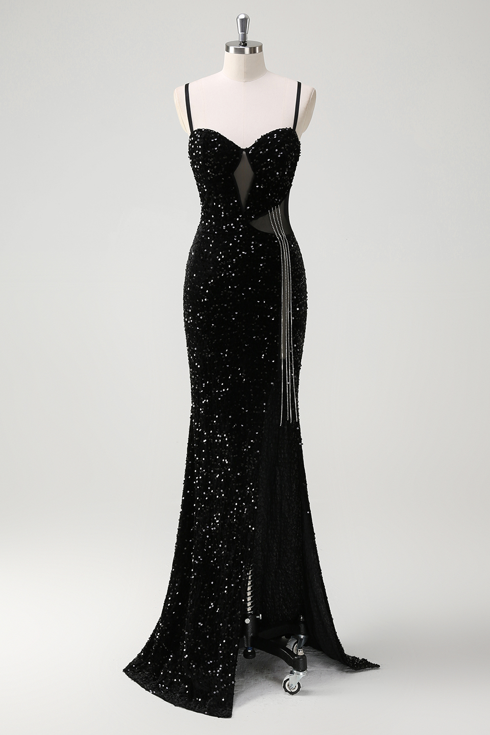 Sparkly Black Sequins Spaghetti Straps Mermaid Long Prom Dress with Fringes