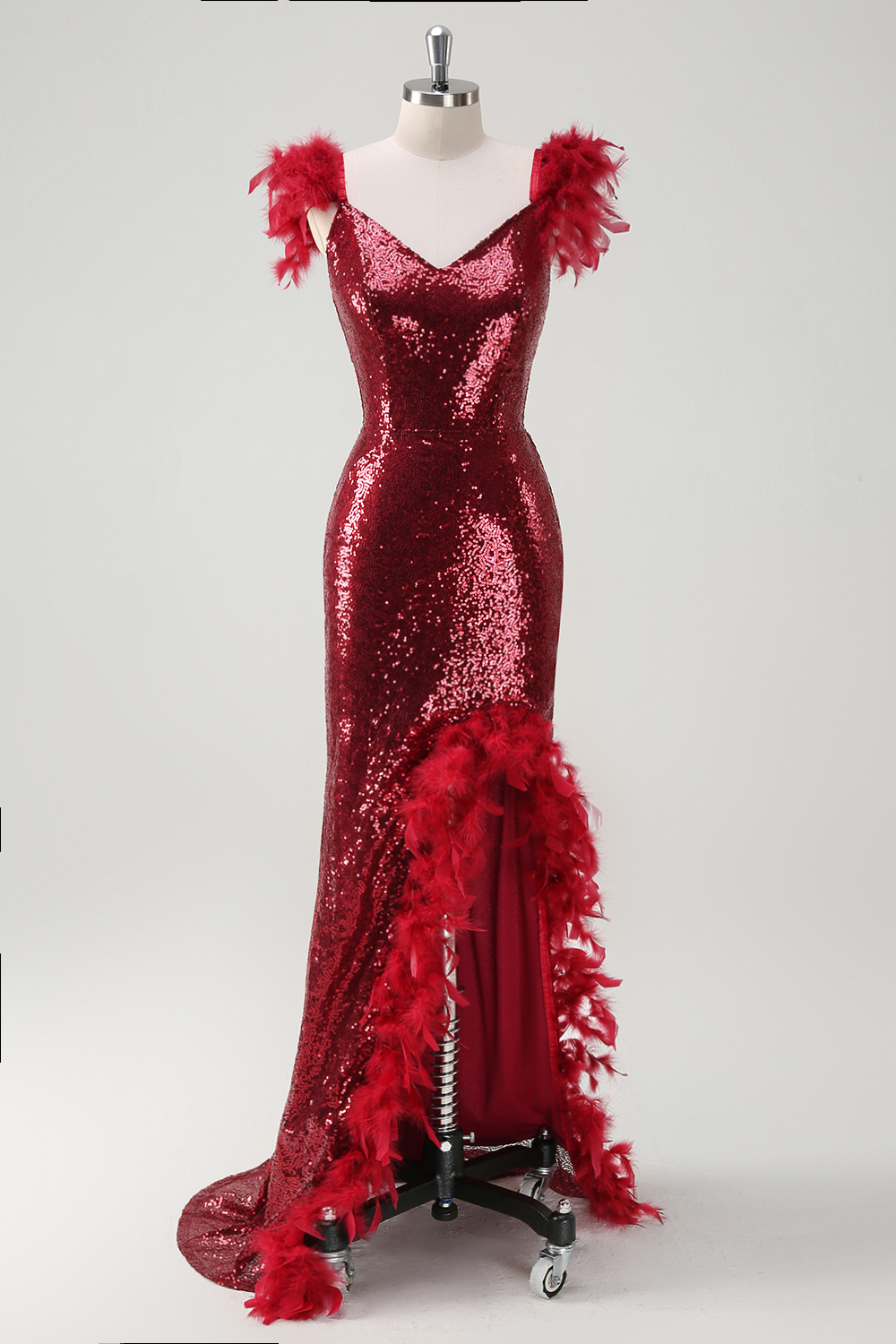 Sparkly Burgundy Sequins Backless Mermaid Long Prom Dress with Feather