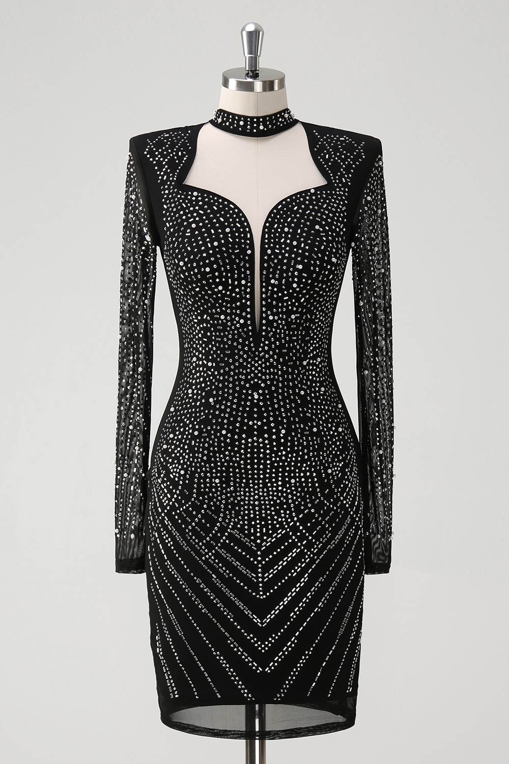 Glitter Black Long Sleeves Square Neck Short Prom Dress with Beading