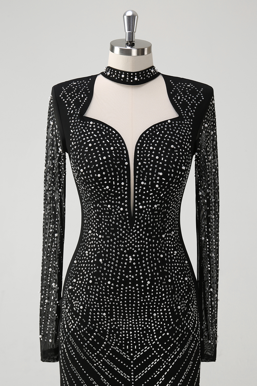 Glitter Black Long Sleeves Square Neck Short Prom Dress with Beading