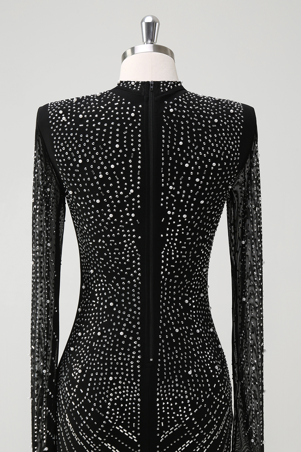 Glitter Black Long Sleeves Square Neck Short Prom Dress with Beading