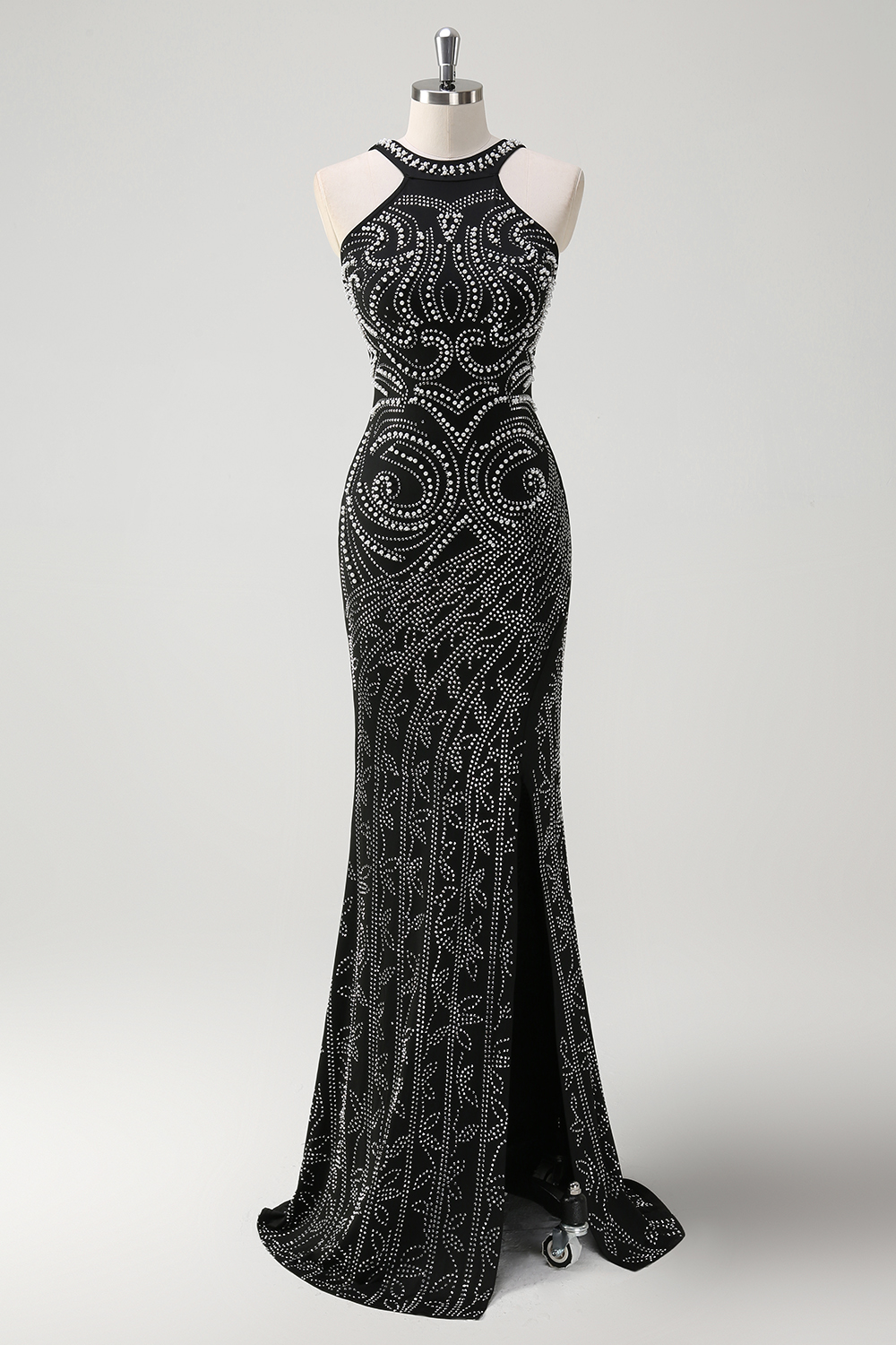 Glitter Black Halter Neck Beaded Mermaid Long Prom Dress with Slit