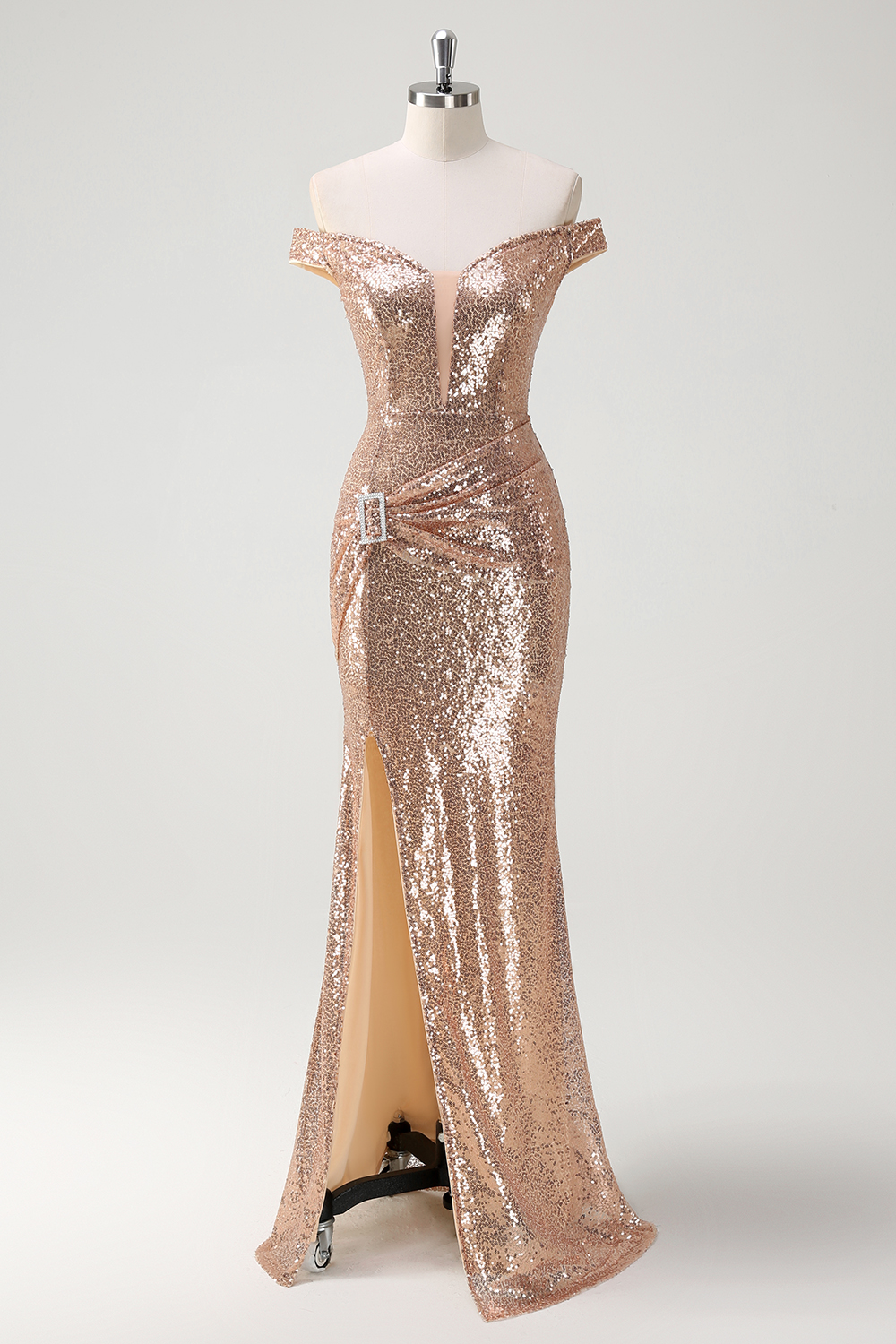 Sparkly Champagne Off the Shoulder Sequins Mermaid Long Prom Dress with Slit