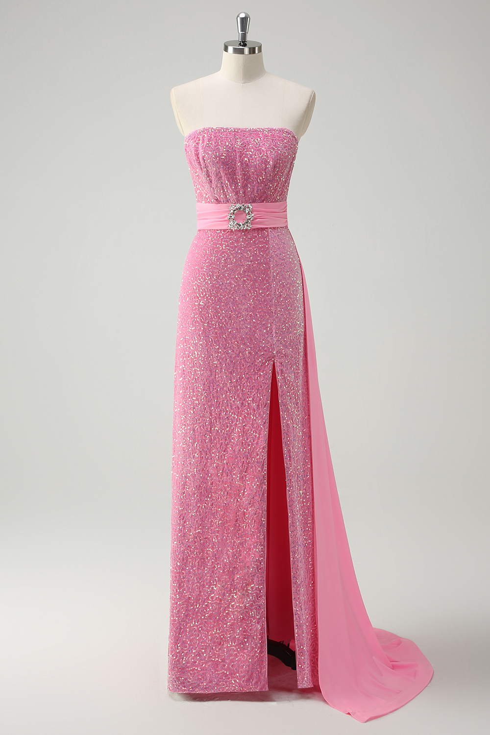 Sparkly Pink Strapless Sequins Sheath Long Prom Dress with Slit