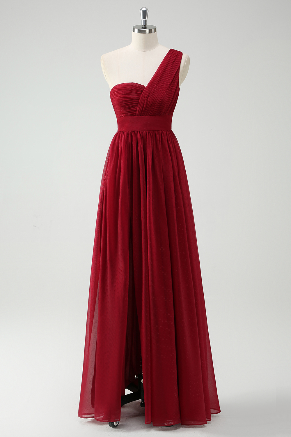Burgundy One Shoulder Chiffon A-Line Long Prom Dress with Slit