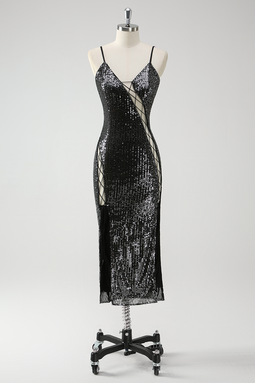 Sparkly Black Spaghetti Mermaid Sequins Tea Length Prom Dress with Slit