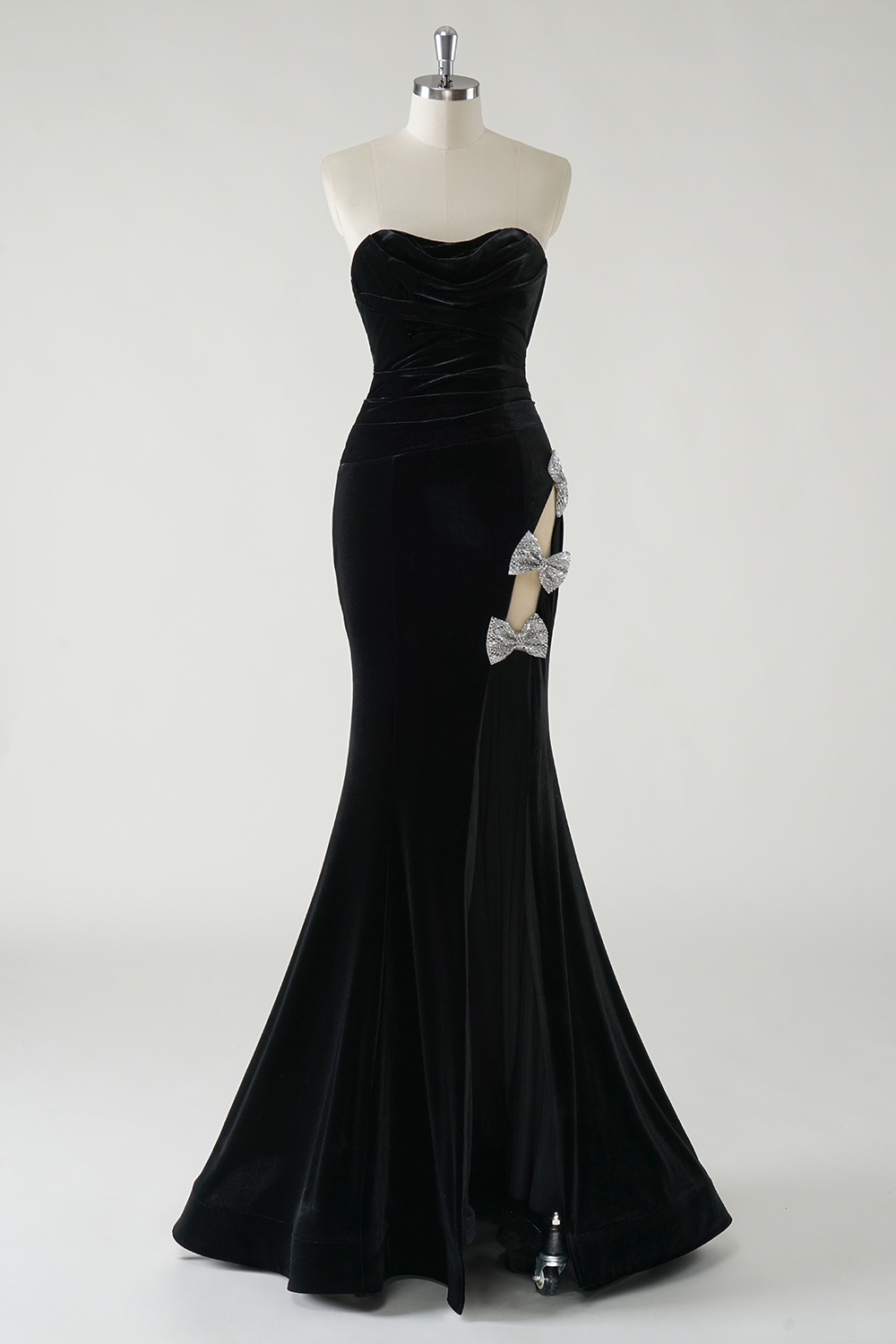 Black Strapless Mermaid Satin Long Prom Dress with High Slit