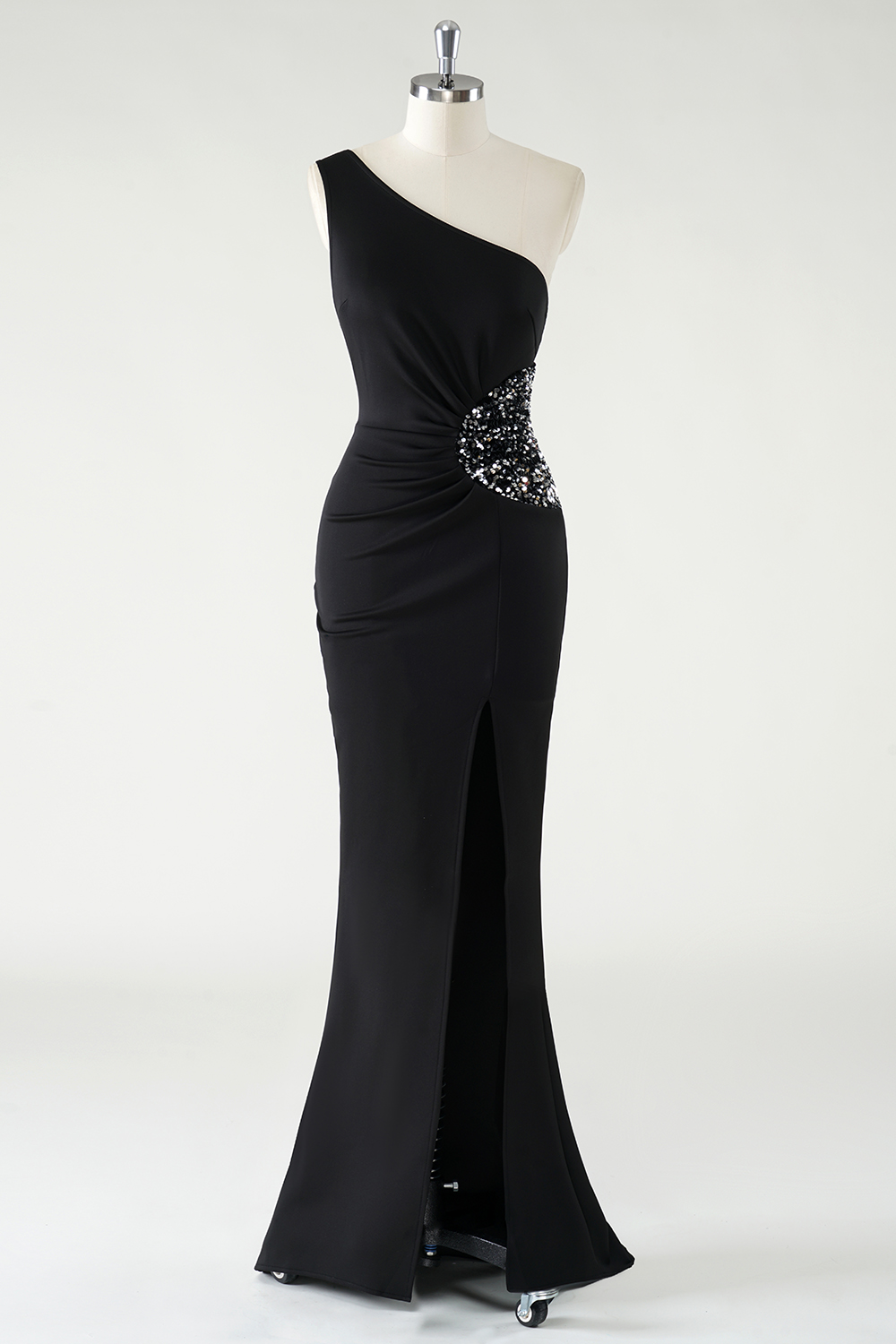 Elegant Black One Shoulder Mermaid Satin Long Prom Dress with Slit