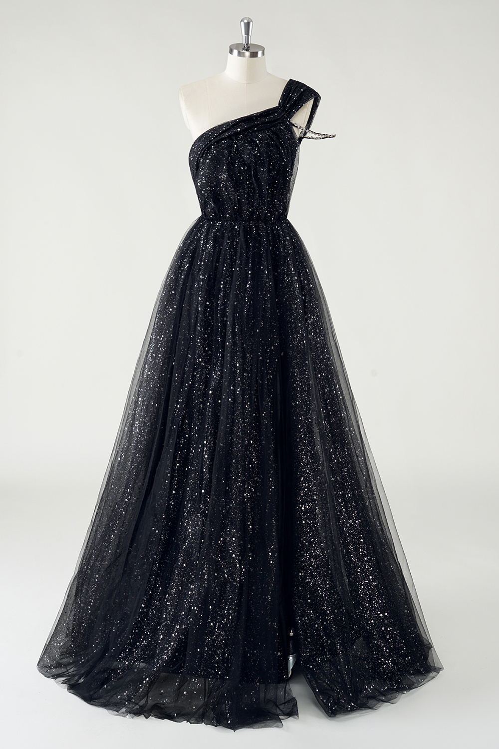 Sparkly Black One Shoulder Princess Tulle Long Prom Dress with Slit
