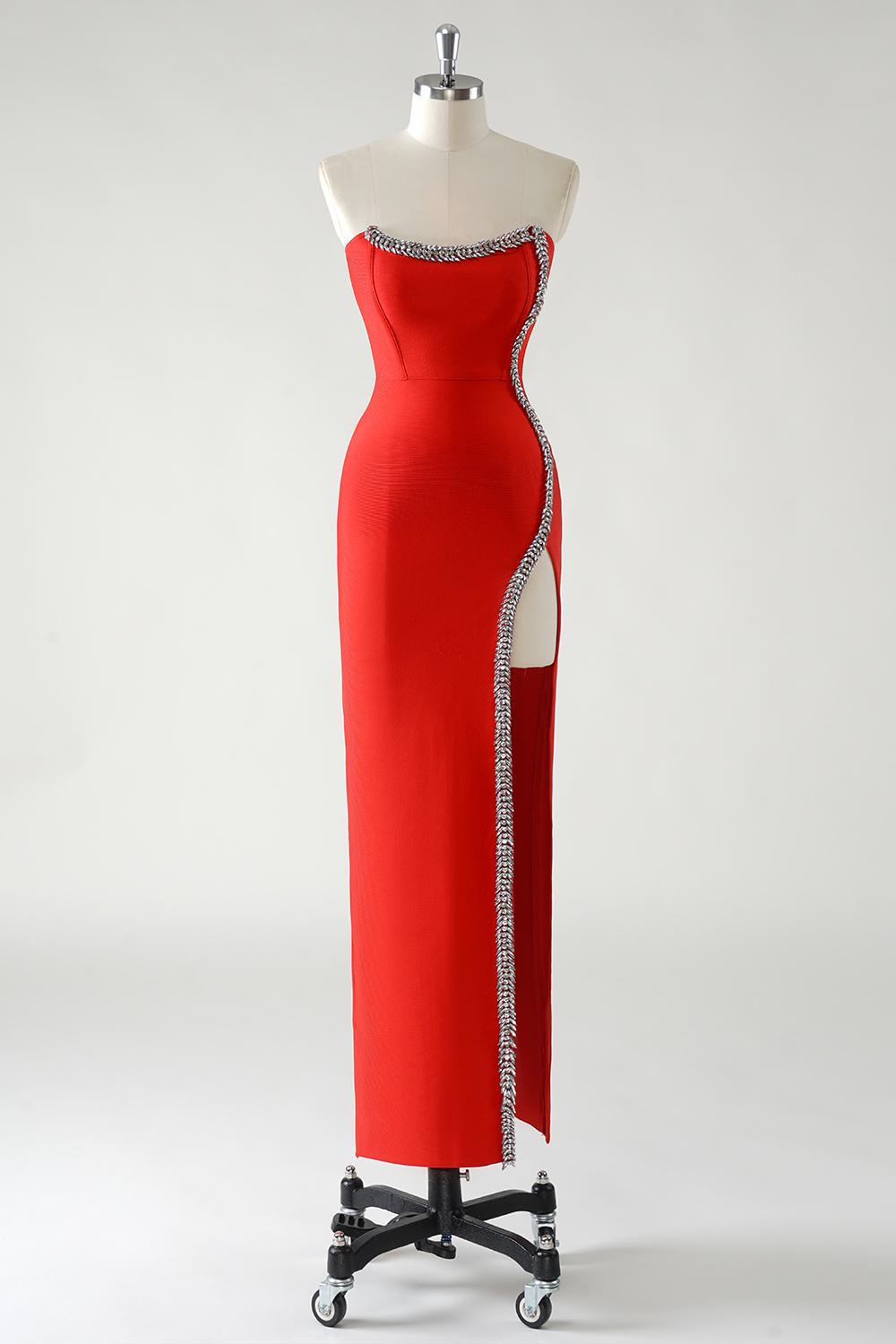 Chic Red Strapless Sheath Tea Length Prom Dress with Beading