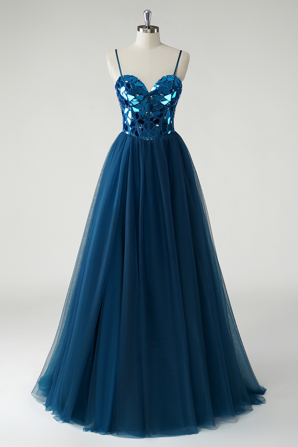 Dark Blue Spaghetti Straps Princess Tulle Mirror Long Corset Prom Dress 