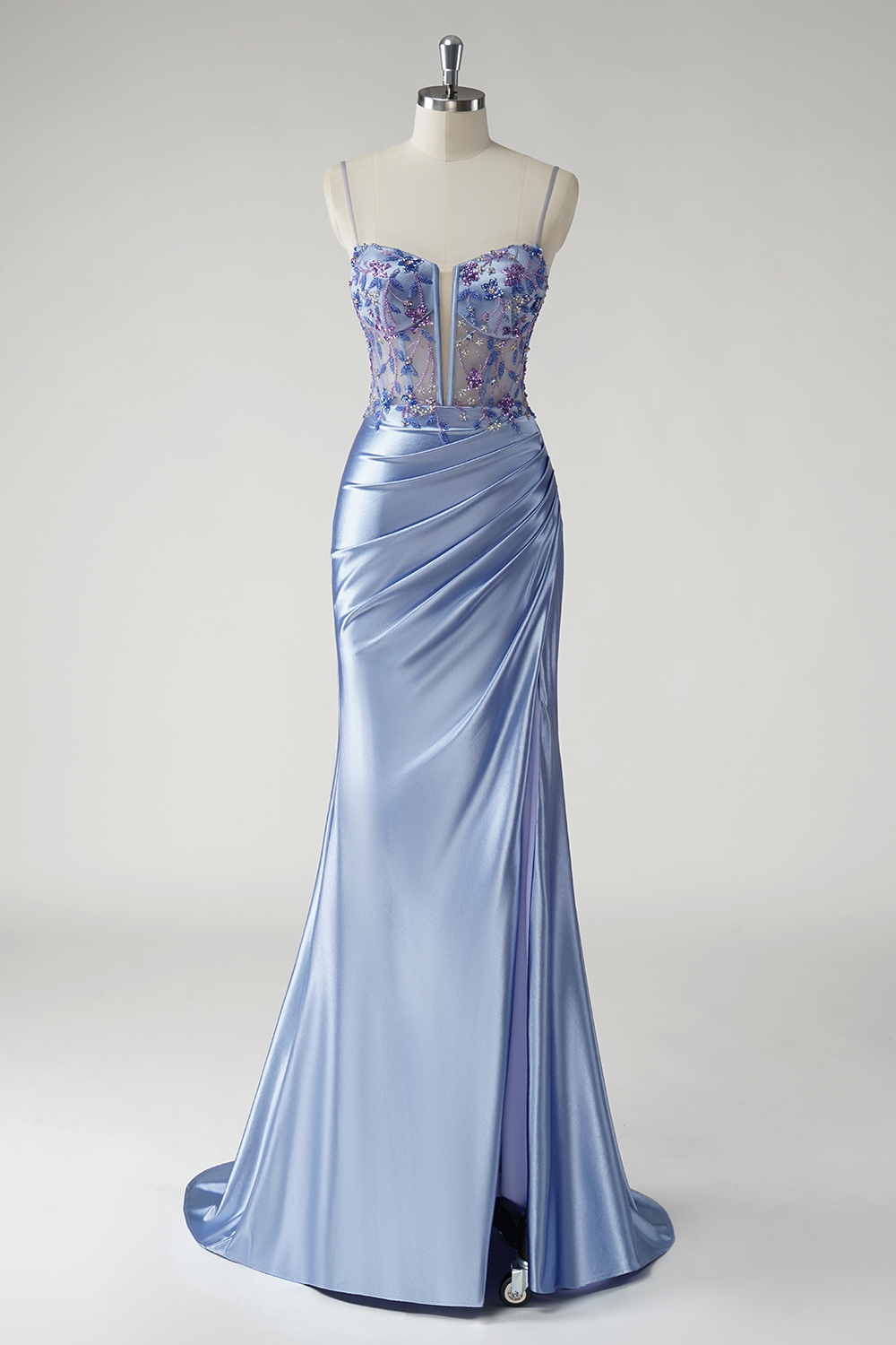 Blue Spaghetti Straps Mermaid Satin Ruched Long Corset Prom Dress with Beading