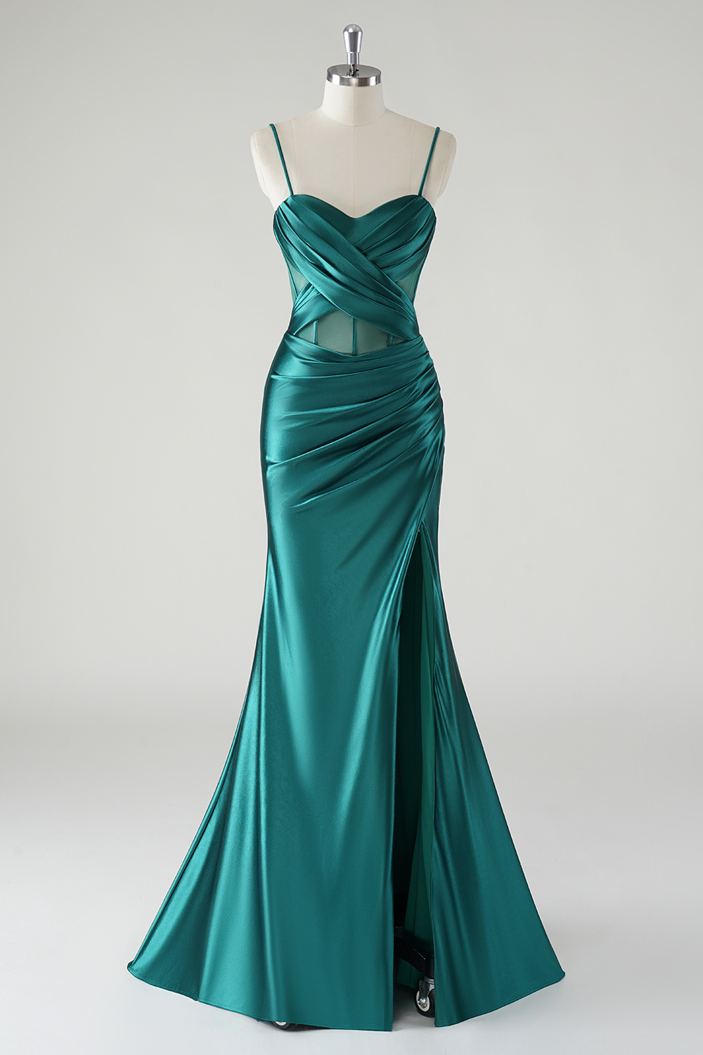 Dark Green Satin Spaghetti Straps Mermaid Long Corset Prom Dress with Slit