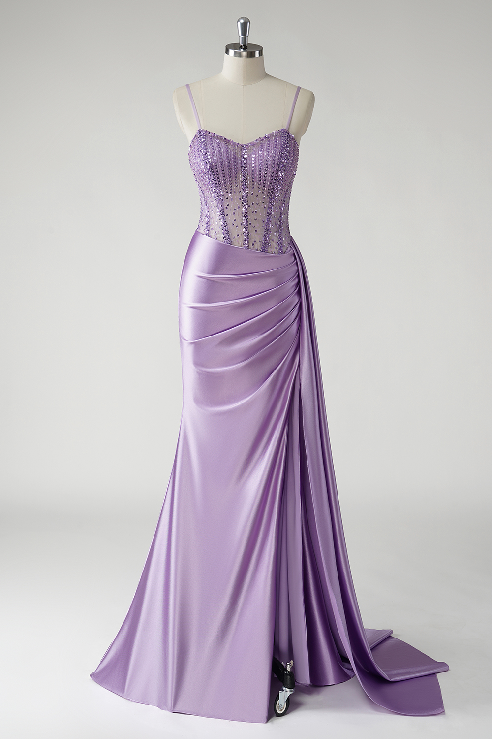 Purple Spaghetti Straps Satin Mermaid Beaded Long Corset Prom Dress with Slit