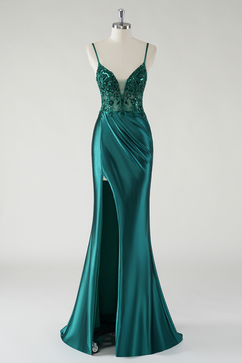 Dark Green Mermaid Spaghetti Straps Satin Long Prom Dress with Appliques