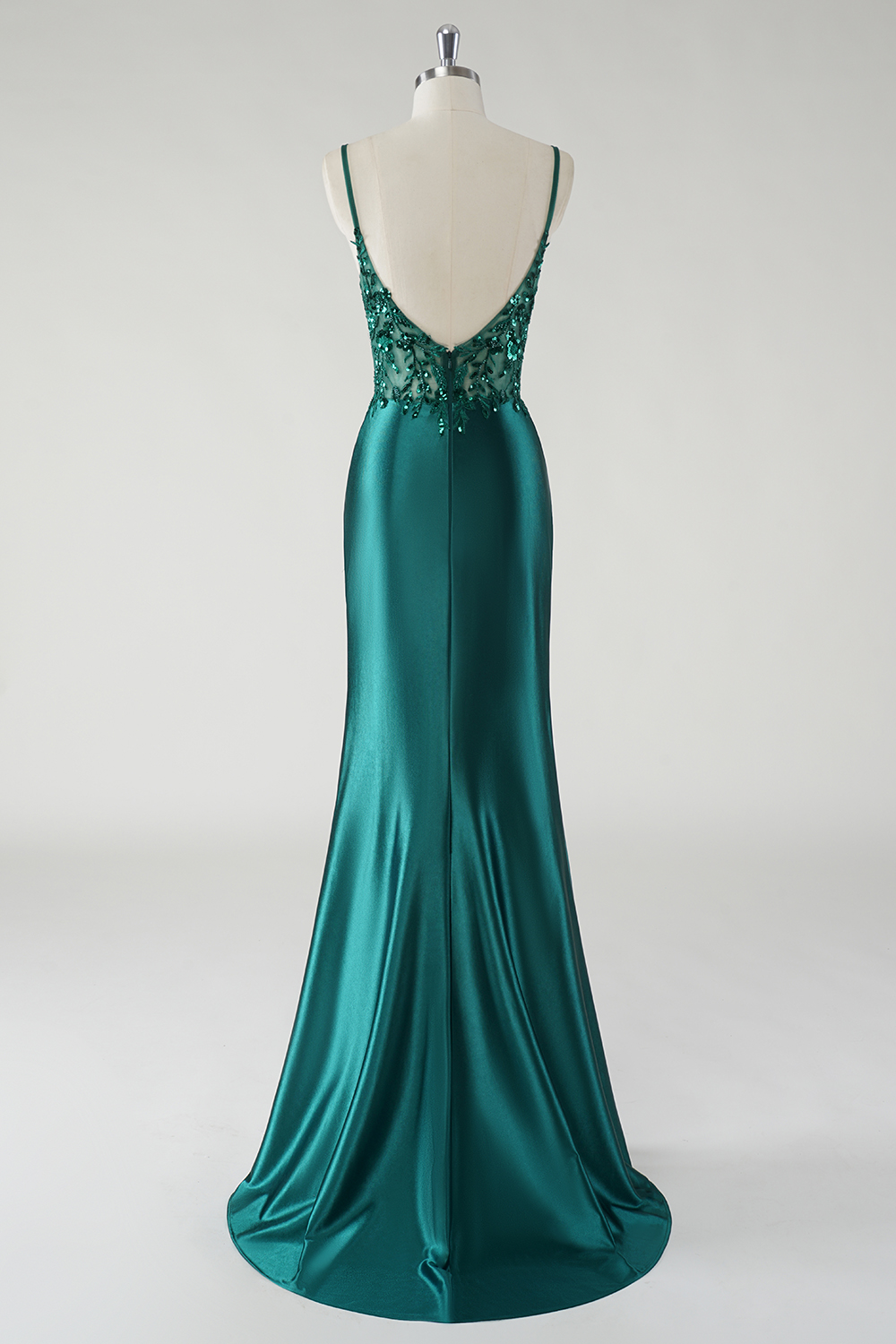 Dark Green Mermaid Spaghetti Straps Satin Long Prom Dress with Appliques