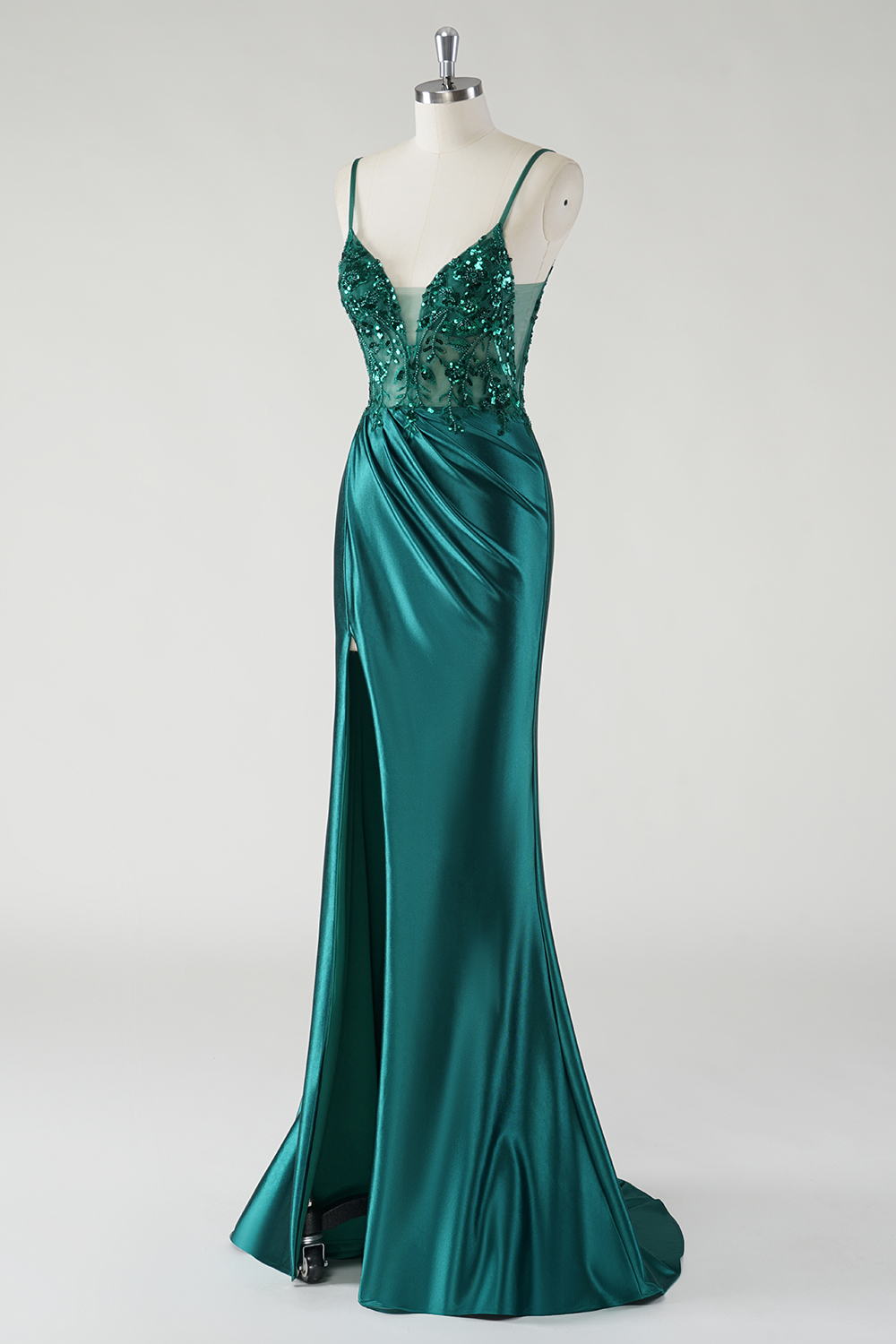 Dark Green Mermaid Spaghetti Straps Satin Long Prom Dress with Appliques