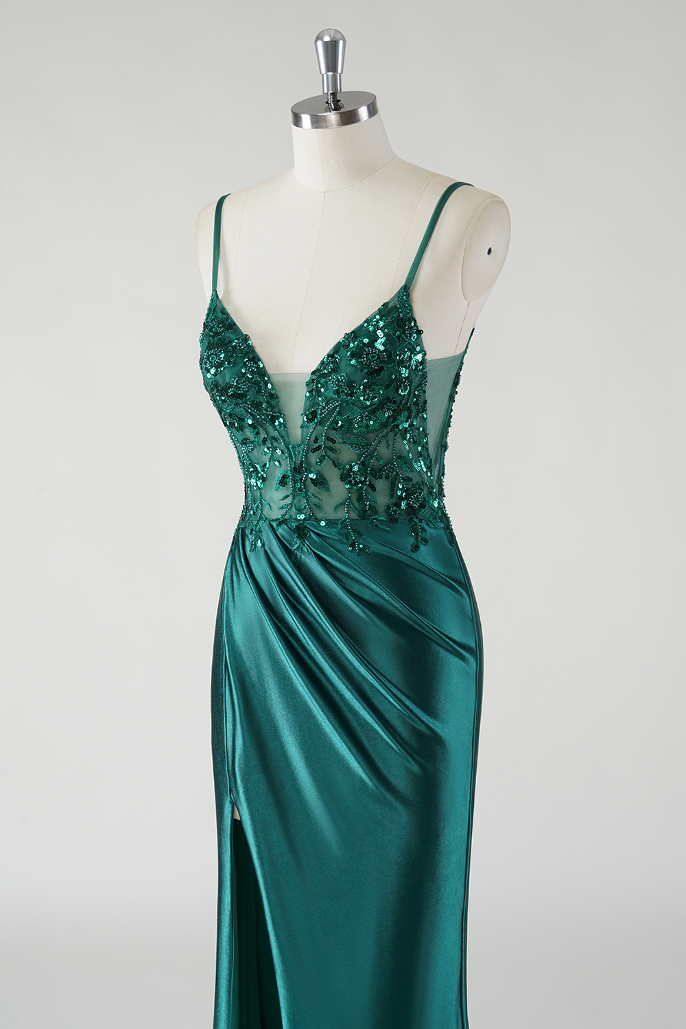 Dark Green Mermaid Spaghetti Straps Satin Long Prom Dress with Appliques