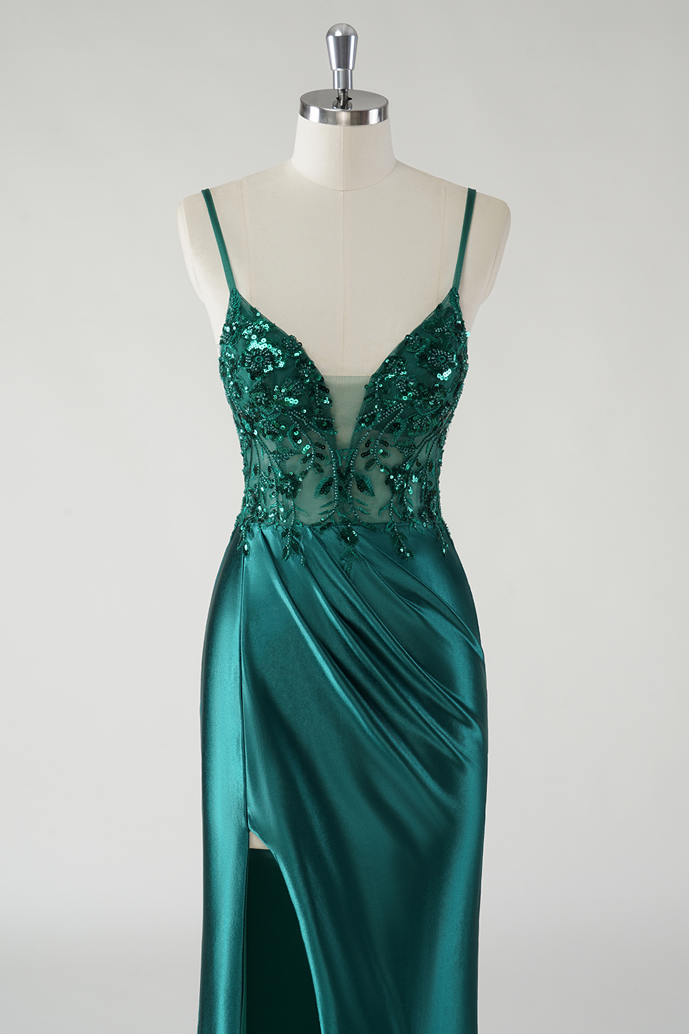 Dark Green Mermaid Spaghetti Straps Satin Long Prom Dress with Appliques