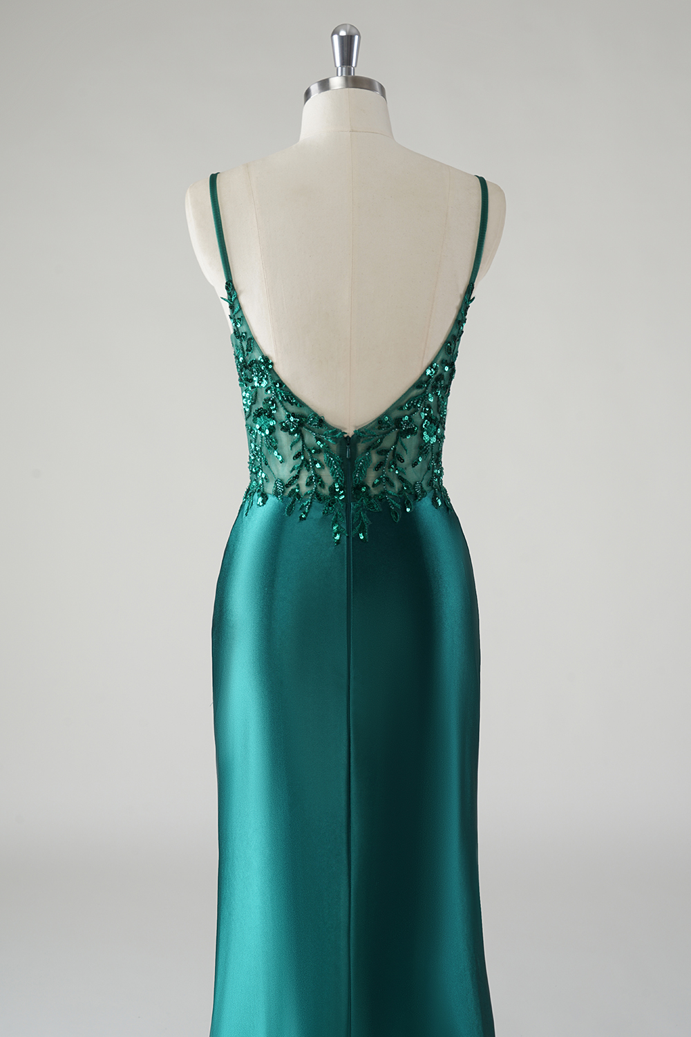 Dark Green Mermaid Spaghetti Straps Satin Long Prom Dress with Appliques