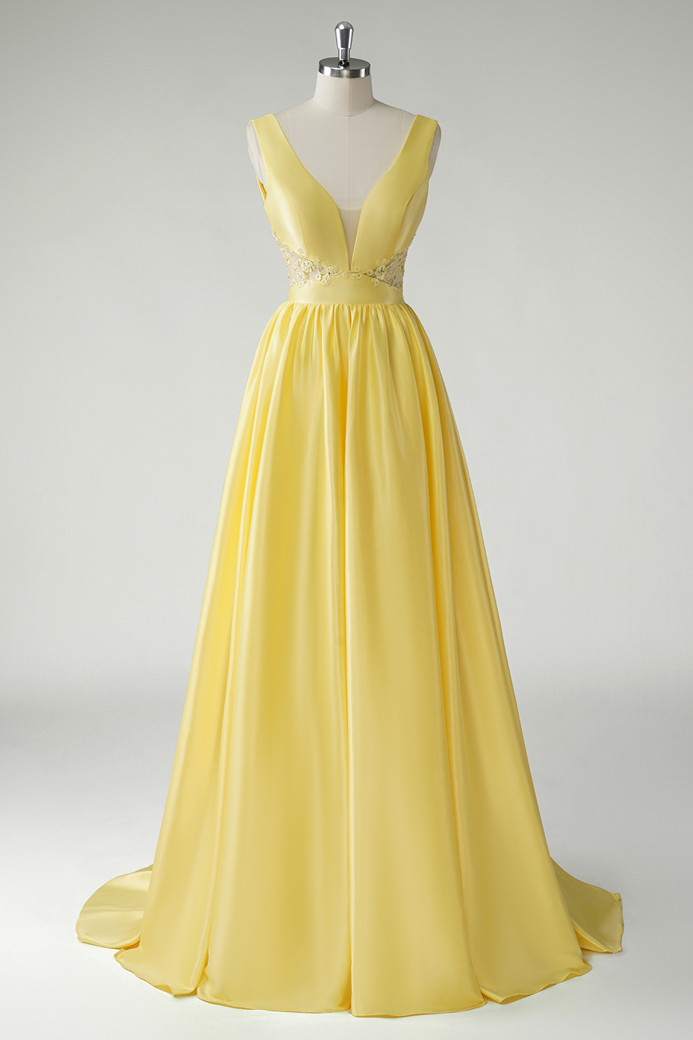 Trendy Yellow Princess Satin Deep V-neck Long Prom Dress 
