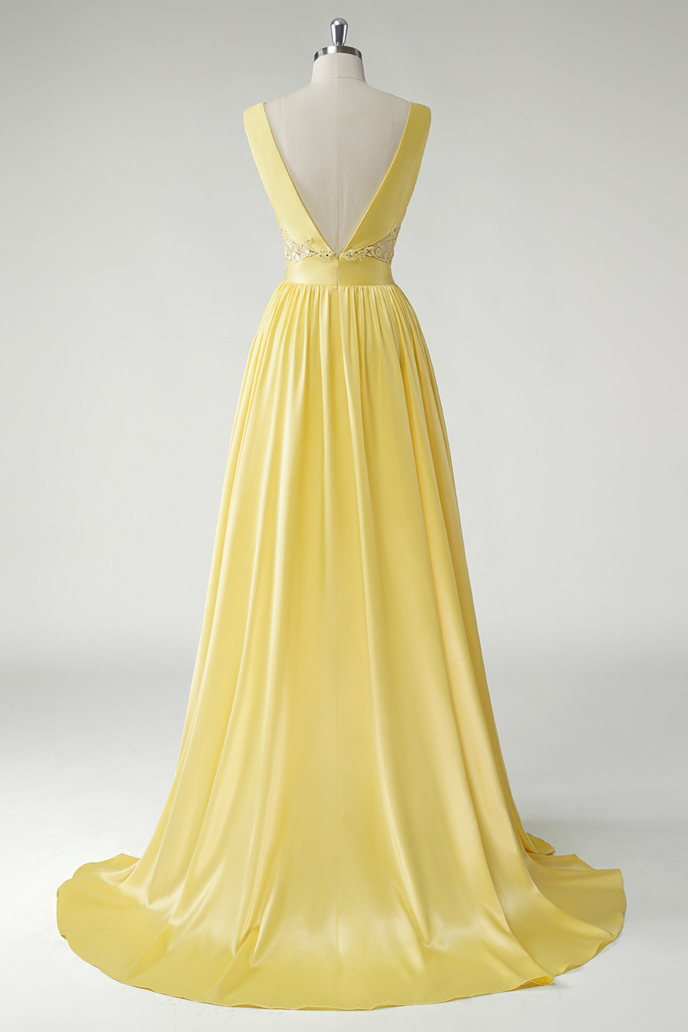 Trendy Yellow Princess Satin Deep V-neck Long Prom Dress 