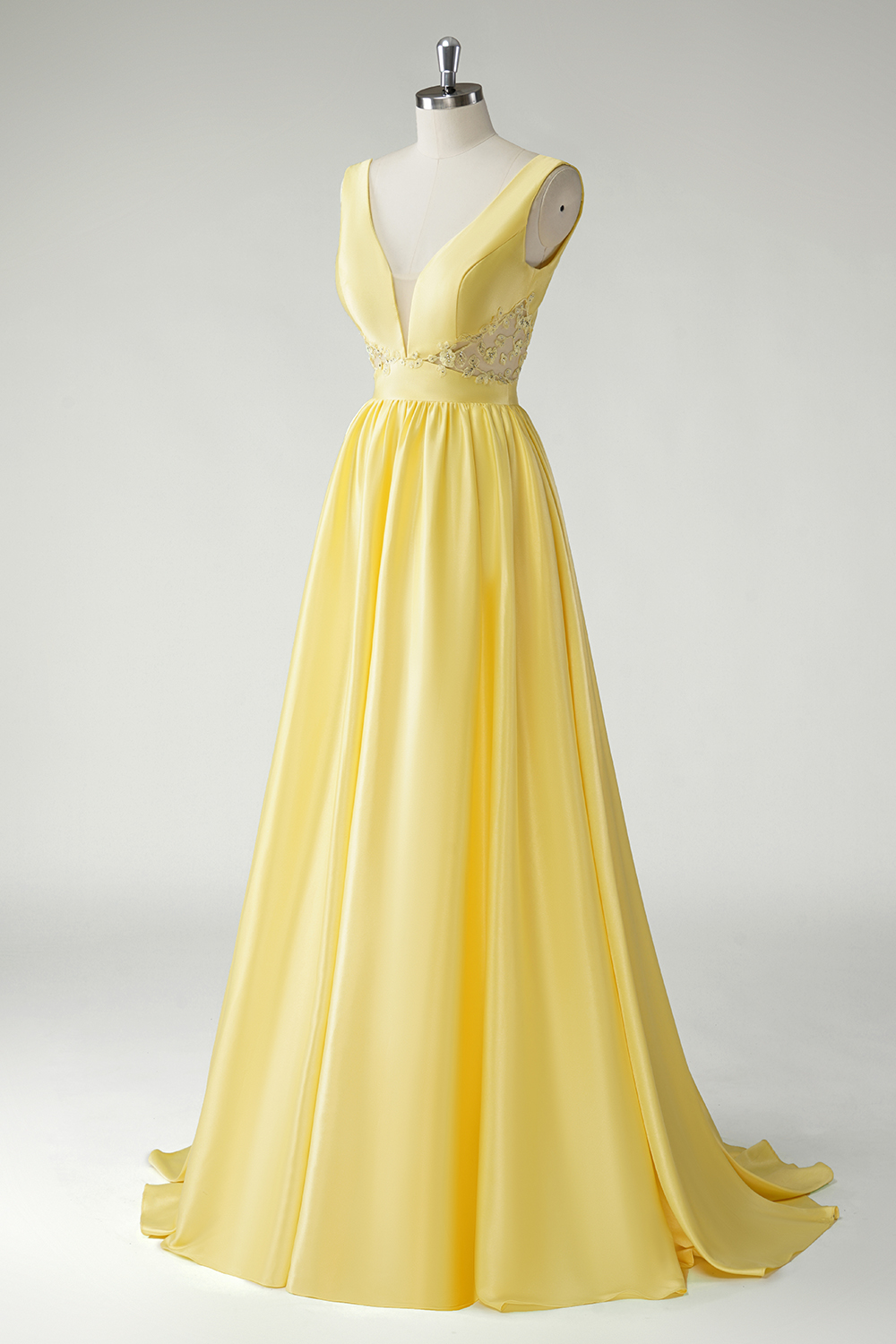 Trendy Yellow Princess Satin Deep V-neck Long Prom Dress 
