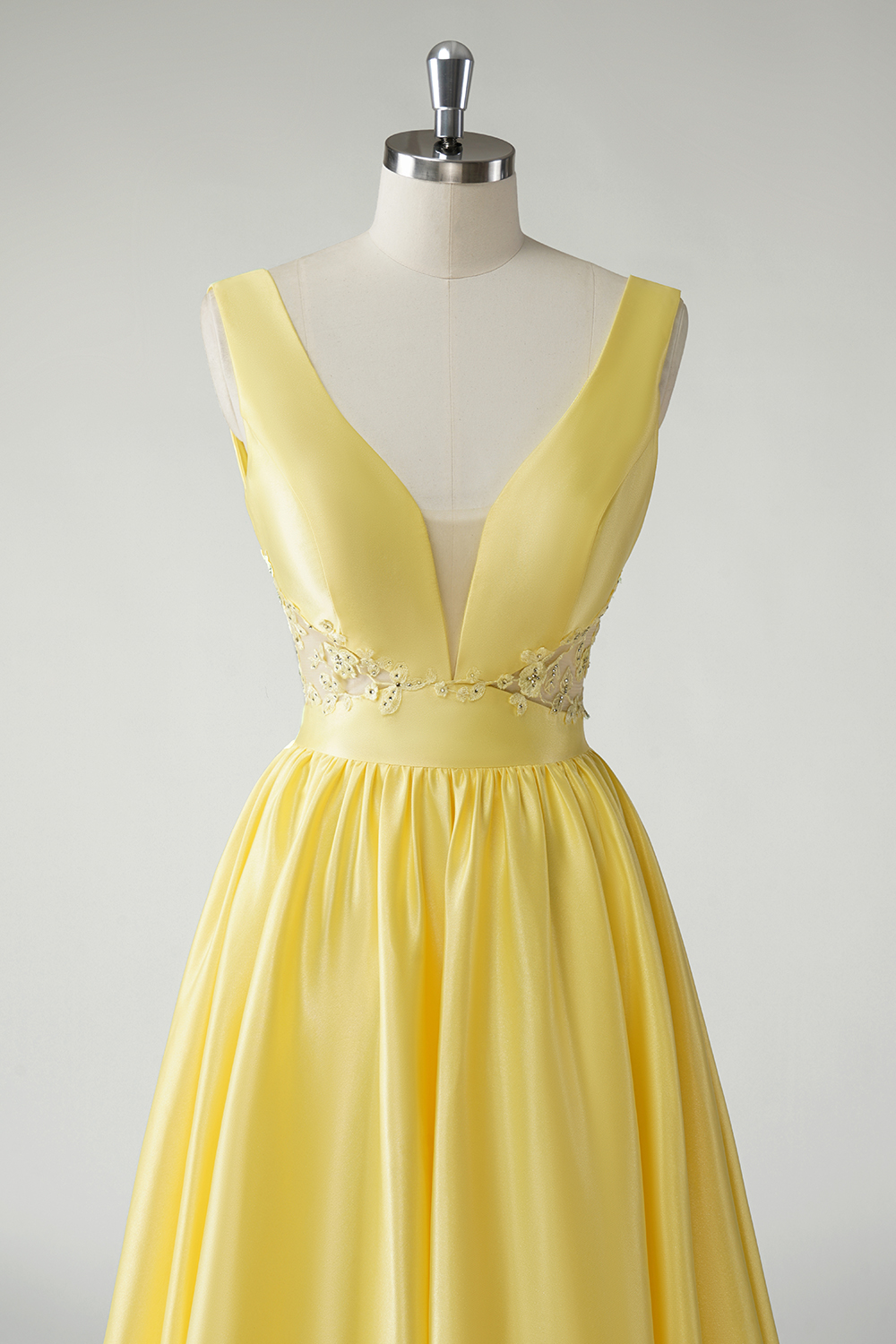 Trendy Yellow Princess Satin Deep V-neck Long Prom Dress 