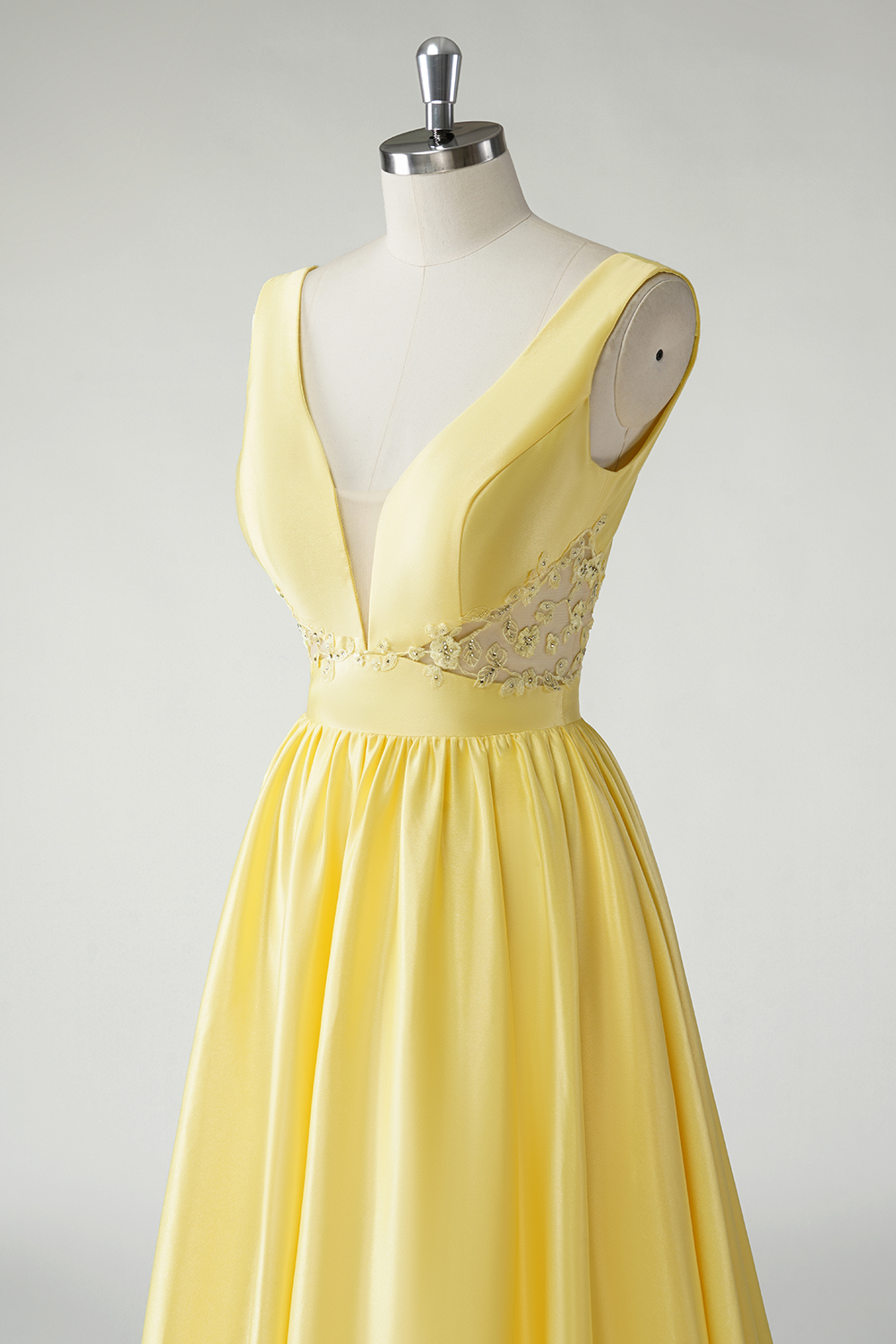 Trendy Yellow Princess Satin Deep V-neck Long Prom Dress 