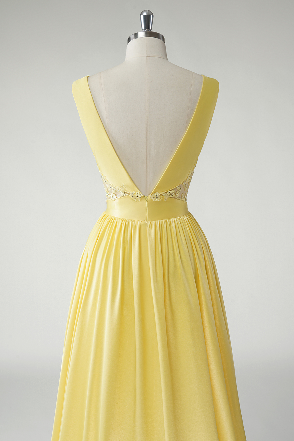 Trendy Yellow Princess Satin Deep V-neck Long Prom Dress 