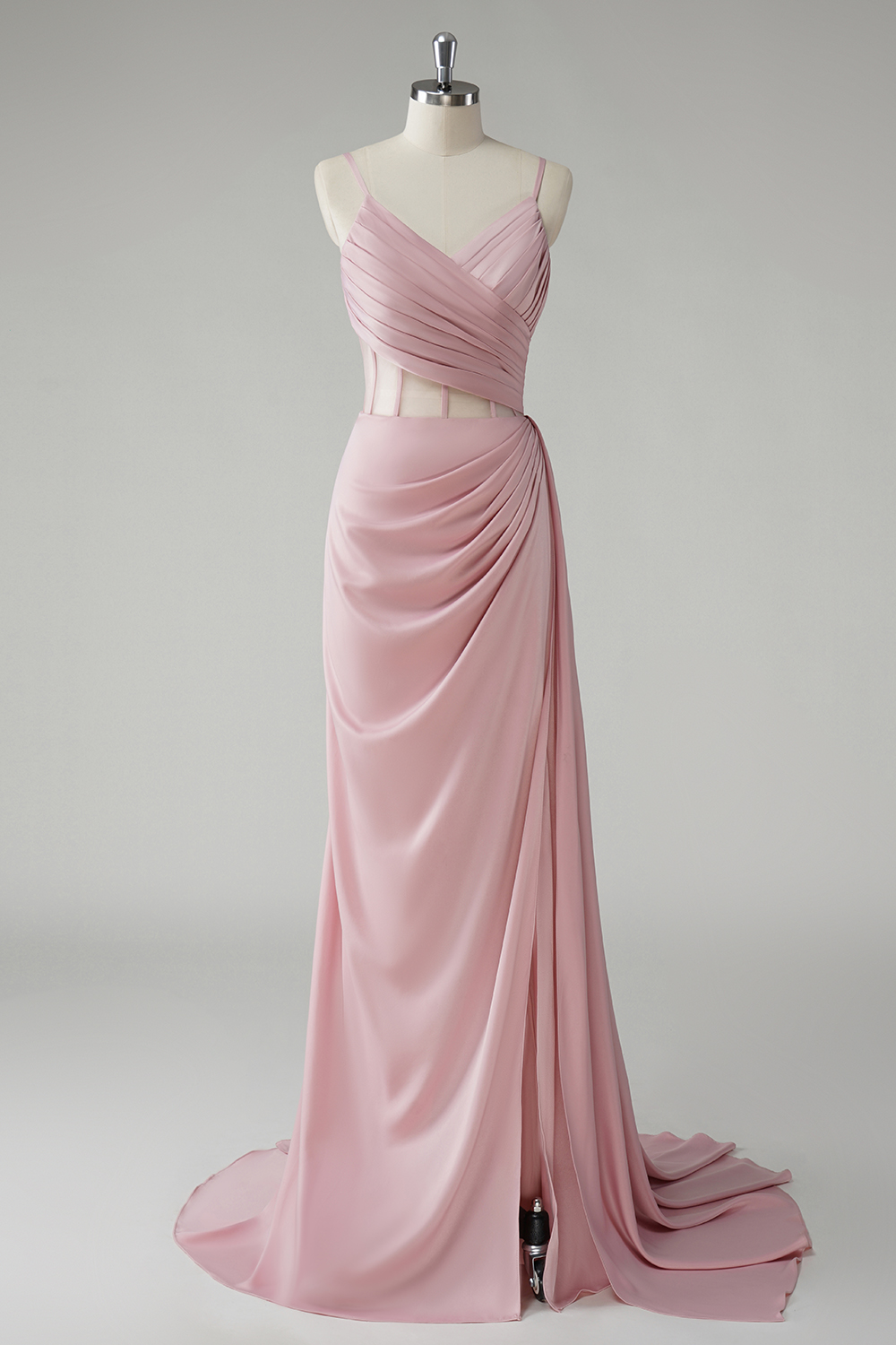 Blush Spaghetti Straps Satin Ruched Mermaid Long Corset Prom Dress with Slit
