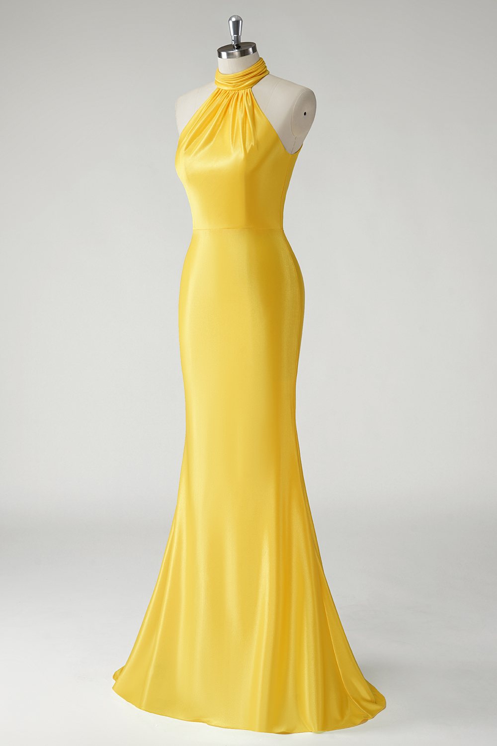 Stylish Yellow Mermaid Satin Halter Neck Long Prom Dress 