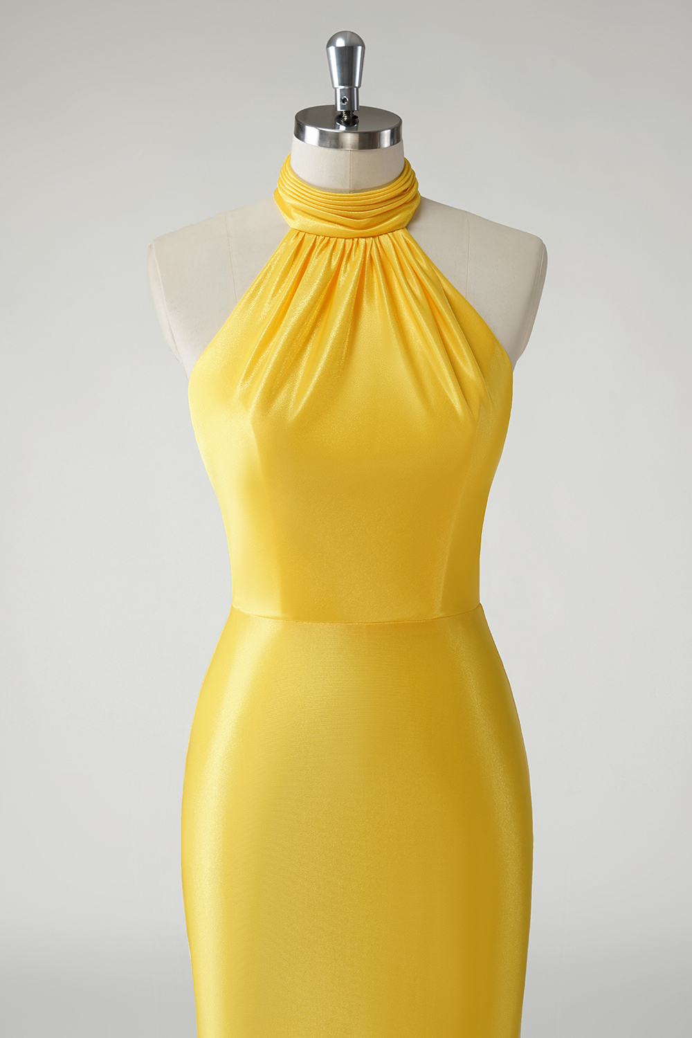 Stylish Yellow Mermaid Satin Halter Neck Long Prom Dress 