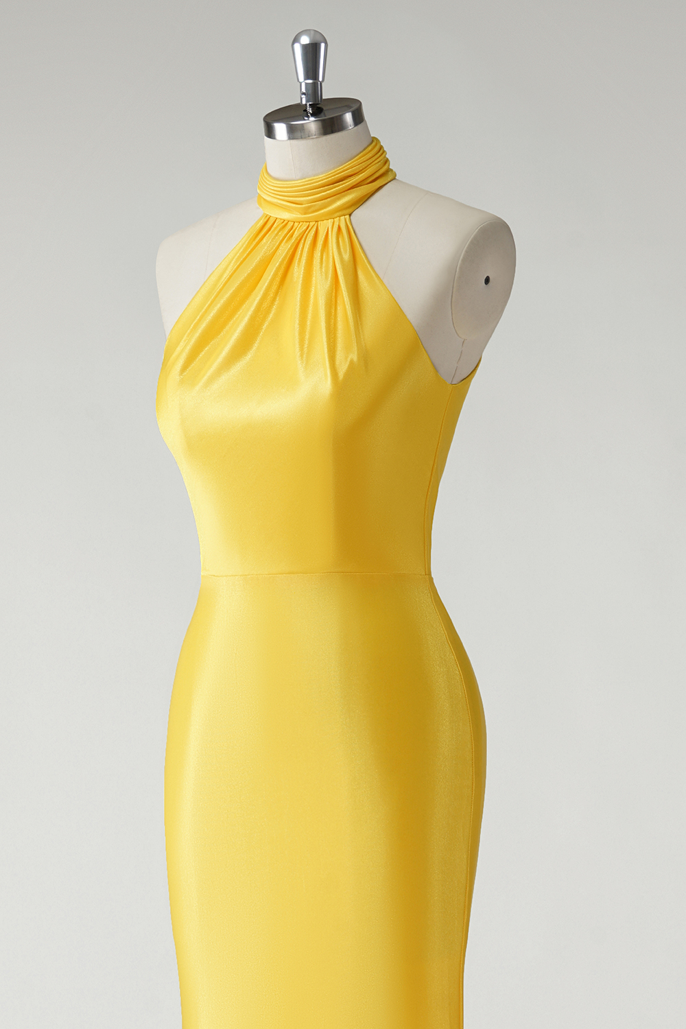 Stylish Yellow Mermaid Satin Halter Neck Long Prom Dress 