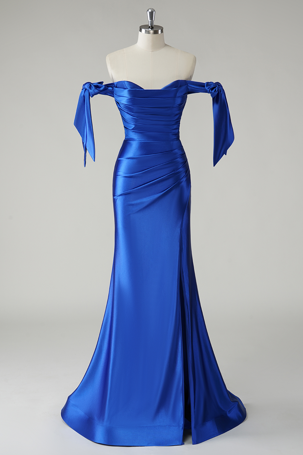 Royal Blue Off the Shoulder Mermaid Satin Ruched Long Prom Dress 