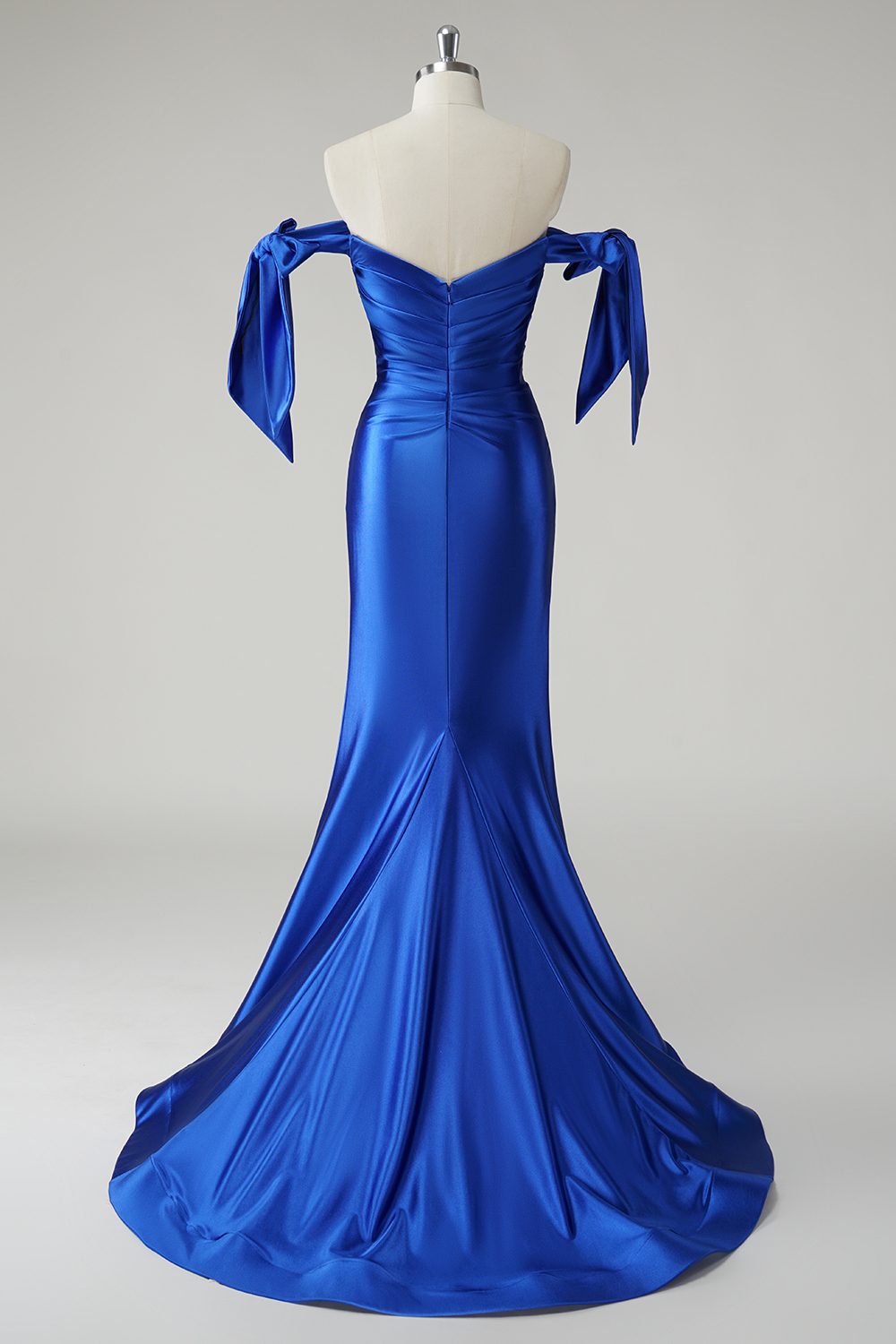 Royal Blue Off the Shoulder Mermaid Satin Ruched Long Prom Dress 