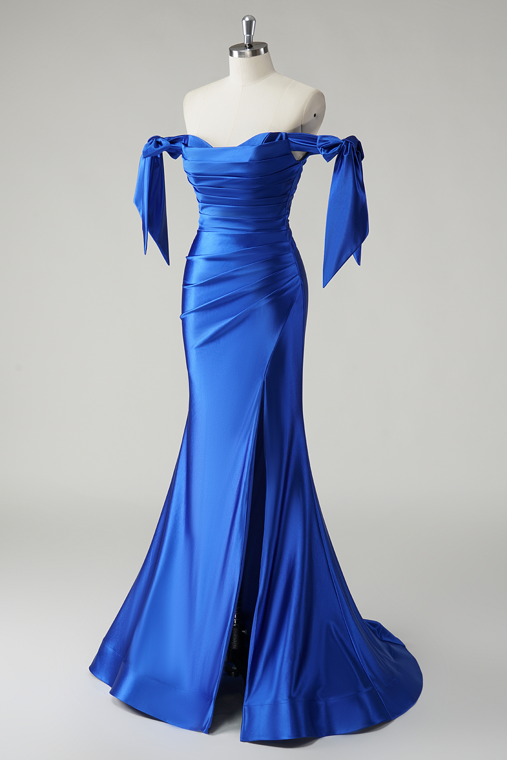 Royal Blue Off the Shoulder Mermaid Satin Ruched Long Prom Dress 