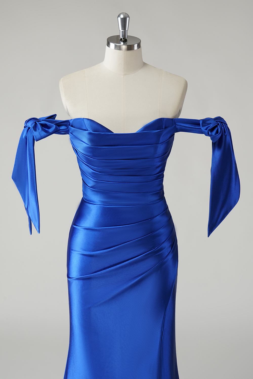 Royal Blue Off the Shoulder Mermaid Satin Ruched Long Prom Dress 