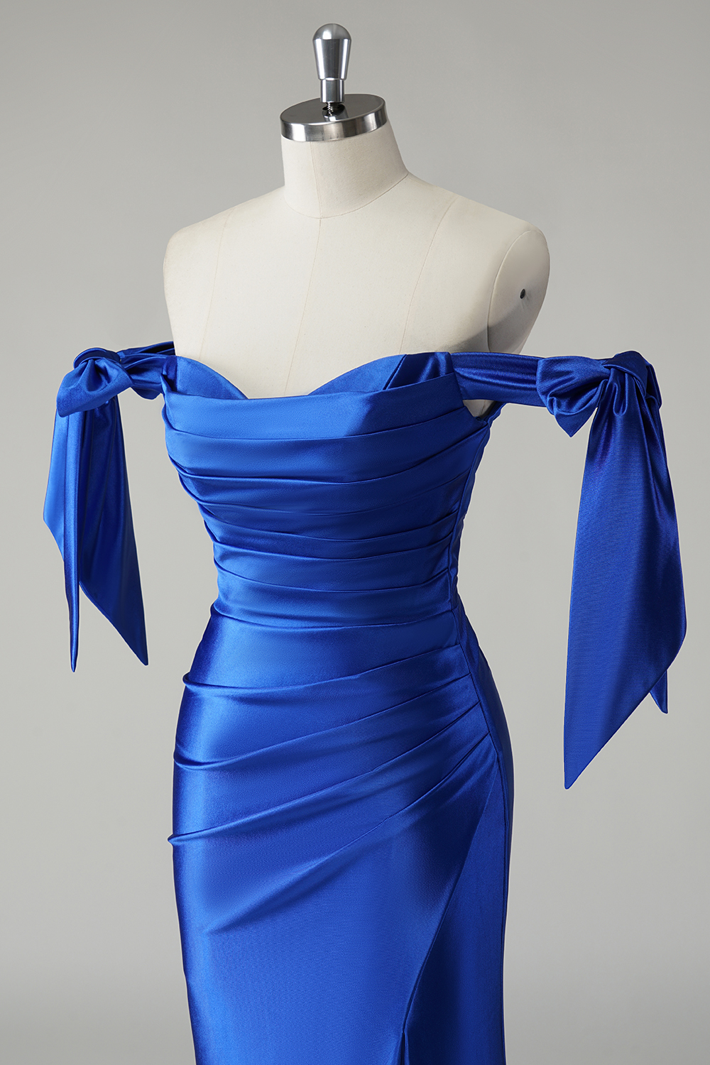 Royal Blue Off the Shoulder Mermaid Satin Ruched Long Prom Dress 