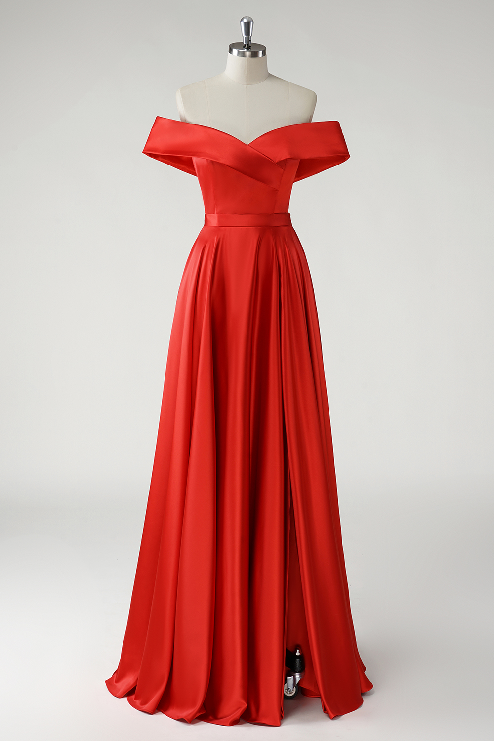 Red Off the Shoulder A-Line Satin Long Prom Dress with Slit