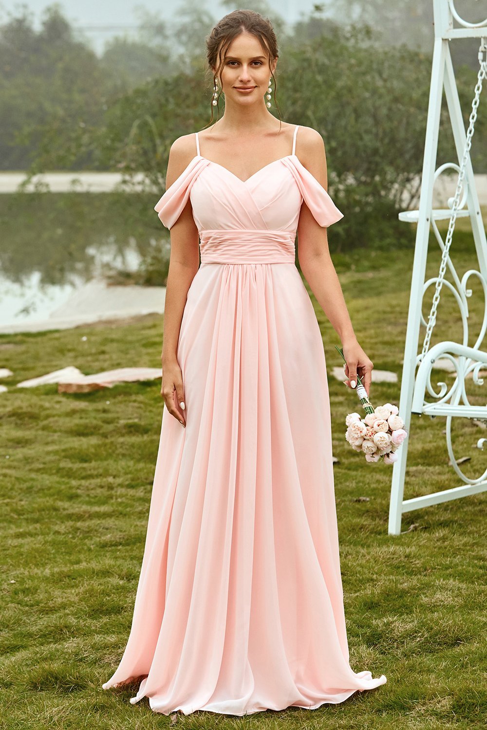 Blush Removable Straps A Line Pleated Bridesmaid Dress with Slit main image 1