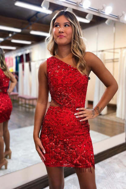 Sparkly Bodycon One Shoulder Red Short Homecoming Dress with Tassel