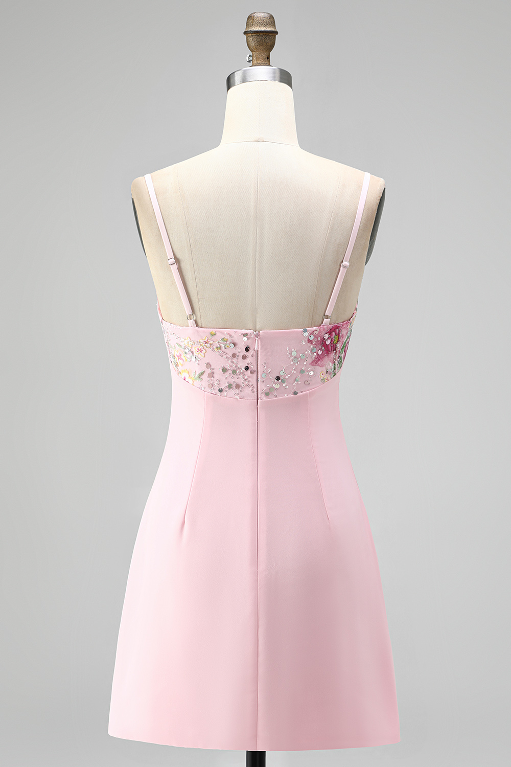 Pink Spaghetti Straps Floral Short Bodycon Homecoming Dress with Embroidery