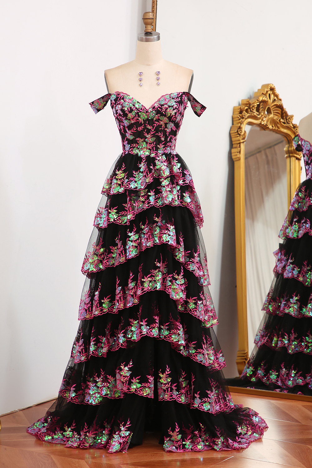 Gorgeous A Line Off the Shoulder Black Long Prom Dress with Lace Ruffles
